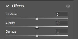 Screenshot of Effects panel showing Texture, Clarity, and Dehaze sliders all set to 0.