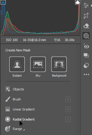 Screenshot of image editing software showing mask creation tools with histogram and adjustment options.