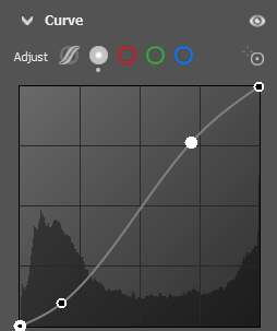 Screenshot of a curves adjustment dialog with a diagonal tone curve and histogram overlay.