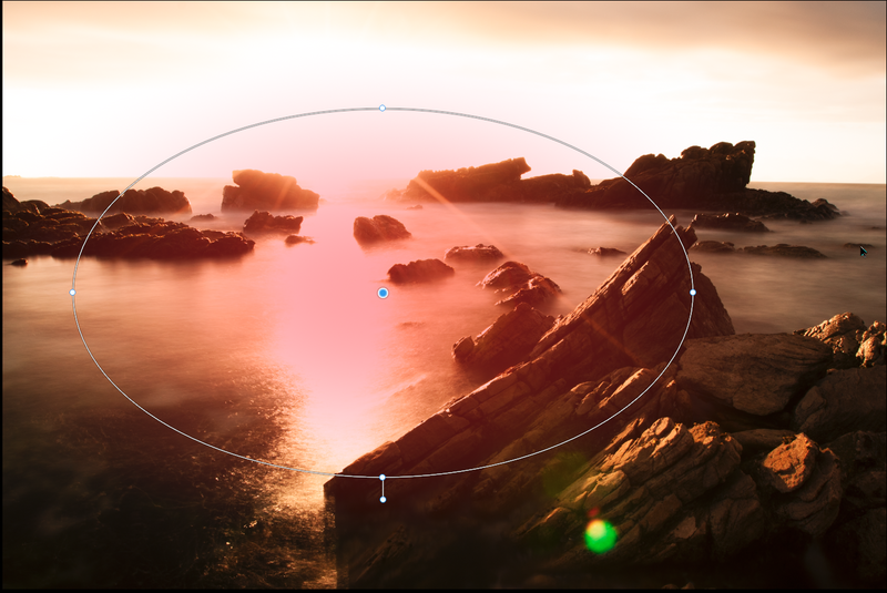 Coastal landscape at golden hour with rocky outcrops silhouetted against glowing water and sky, editing curves visible as overlay.