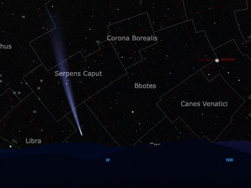 Star chart showing constellations Corona Borealis, Serpens Caput, Bootes, Canes Venatici, and Libra with directional markers.