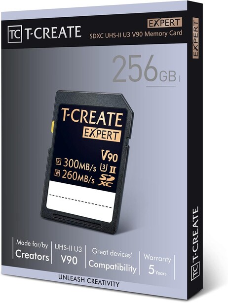 Product packaging for T.CREATE EXPERT V90 256GB SD memory card displayed against dark background.