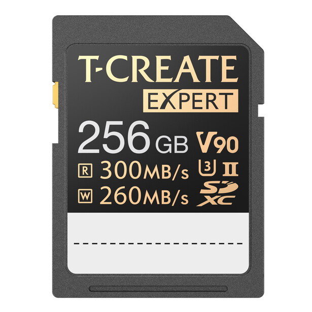 T-CREATE Expert 256GB V90 SD card showing 300MB/s read and 260MB/s write speeds.