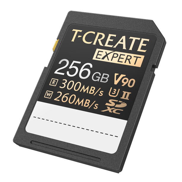 T-CREATE EXPERT 256GB V90 SD card with 300MB/s read and 260MB/s write speeds.