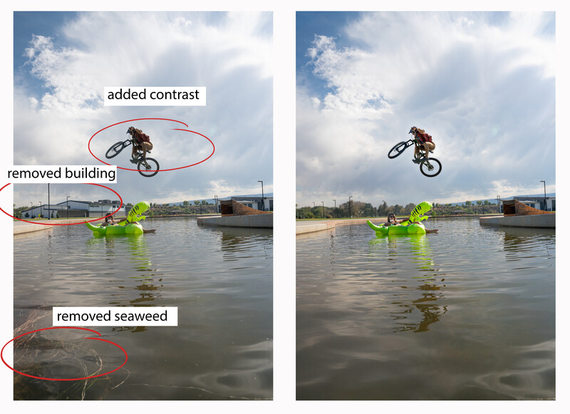 Side-by-side comparison showing photo editing techniques: removal of a building, added contrast to a cyclist, and removal of seaweed from water.