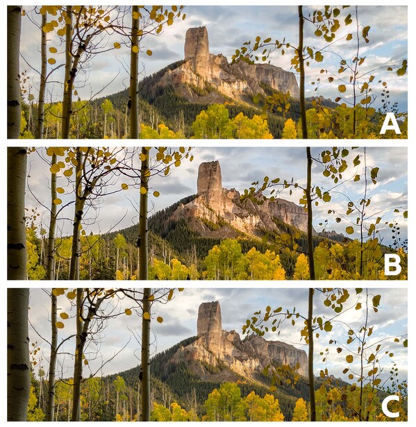 Three variations of a mountain castle surrounded by golden autumn foliage and evergreen forest.