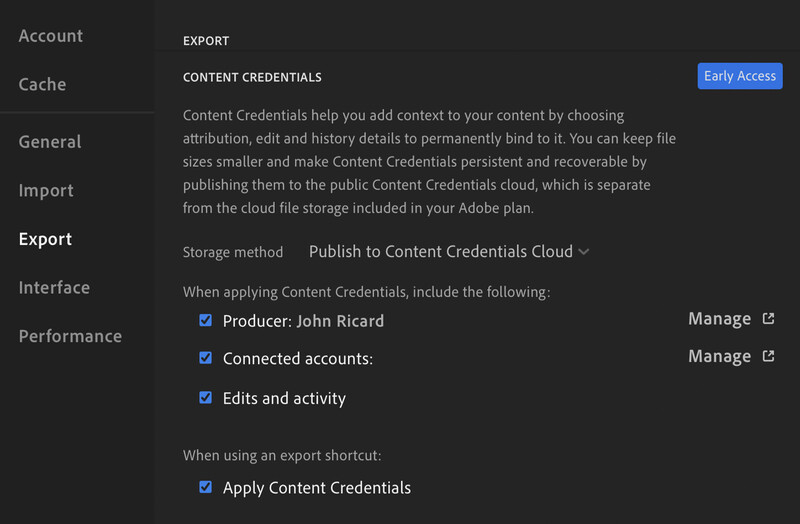 Screenshot of Adobe software Export settings panel showing Content Credentials options and configuration checkboxes.