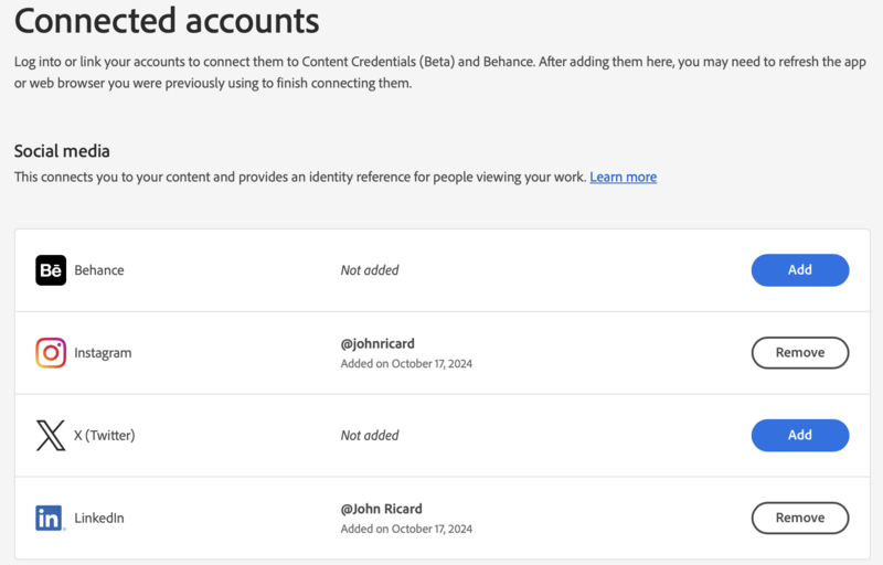 Screenshot of a Connected accounts settings panel showing social media integrations.