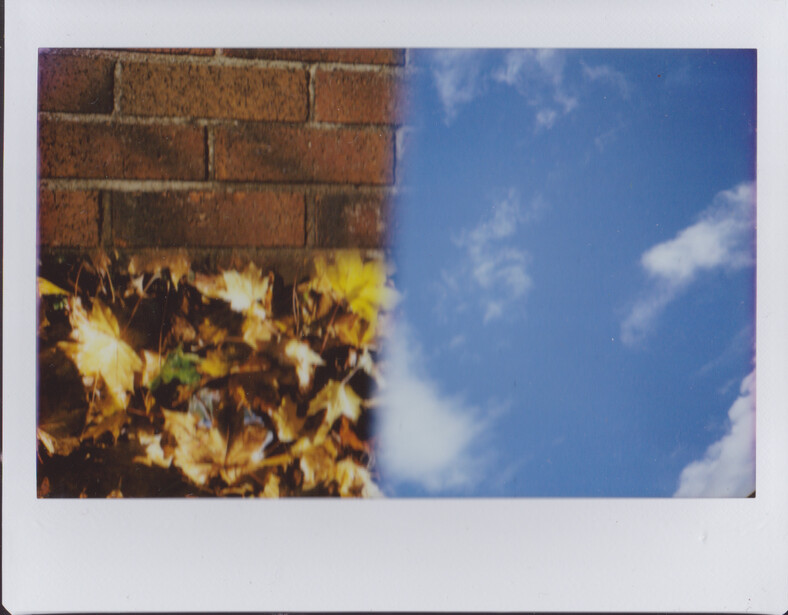 Diptych comparison of a weathered brick wall with yellow and orange decay against a blue sky with white clouds.