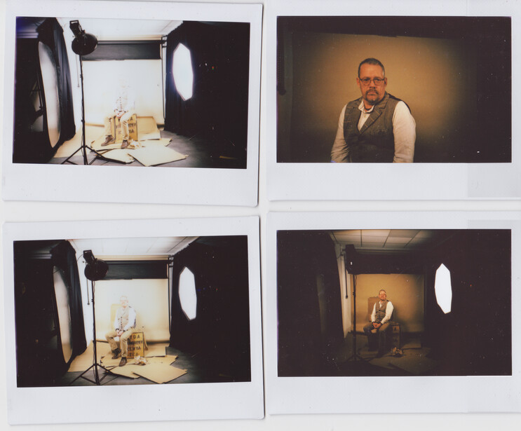 Four Polaroid-style photographs showing a portrait studio setup with lighting equipment and a subject in different configurations.