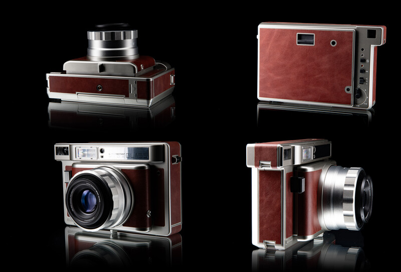 Four vintage film cameras with burgundy and silver finishes displayed from multiple angles against a black background.