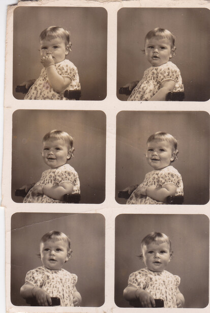 Six contact prints of a young child in a lace dress arranged in a grid, showing subtle variations in pose and expression.