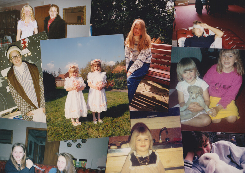 Collage of vintage family photographs spanning multiple decades, arranged in an overlapping grid layout.