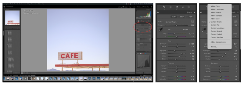 Screenshot of photo editing software showing a vintage cafe sign image with adjustment panels open on the right.