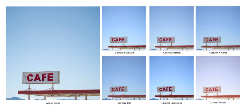 Comparison of six vintage cafe signs photographed with different camera perspectives and color profiles.