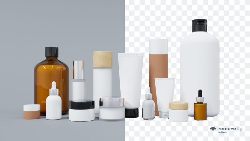 Product photography mockup featuring cosmetic and skincare containers arranged in a product line display.