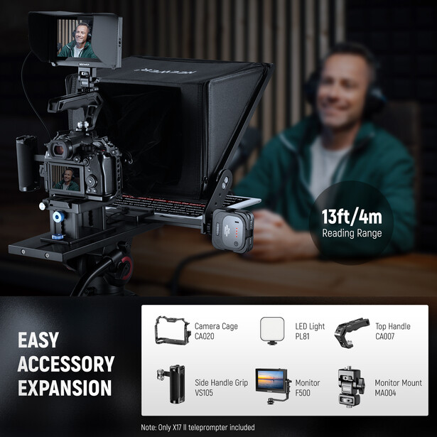 Camera rig setup with monitor, lighting, and accessories displayed with a person in background.