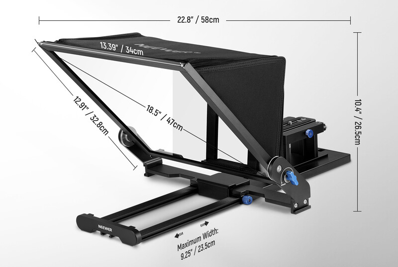 Professional teleprompter with black metal frame and adjustable mounting hardware shown from angled perspective.