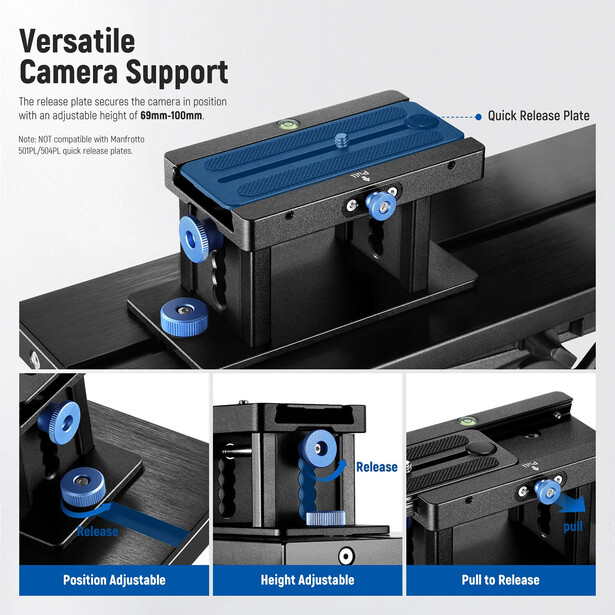 Camera support system with blue and black components showing adjustable positioning mechanisms and quick-release plate.