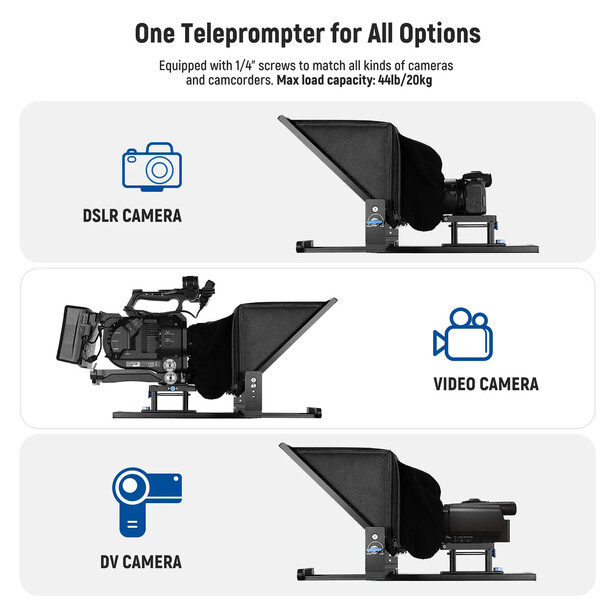 Illustration showing three camera types mounted on a teleprompter with 1/4-inch screws.