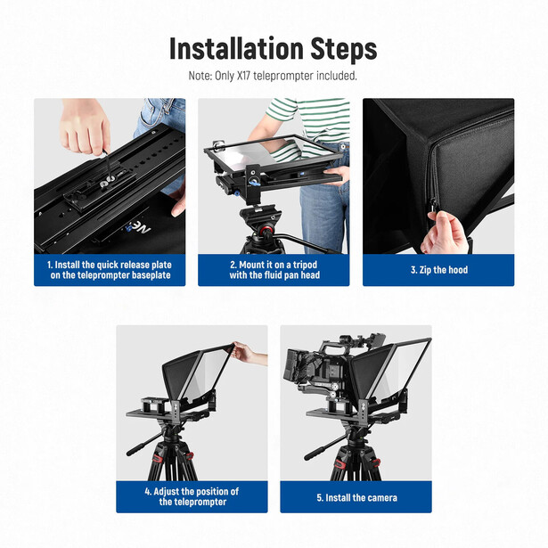 Graphic illustration showing five numbered steps for installing a teleprompter on a camera tripod.