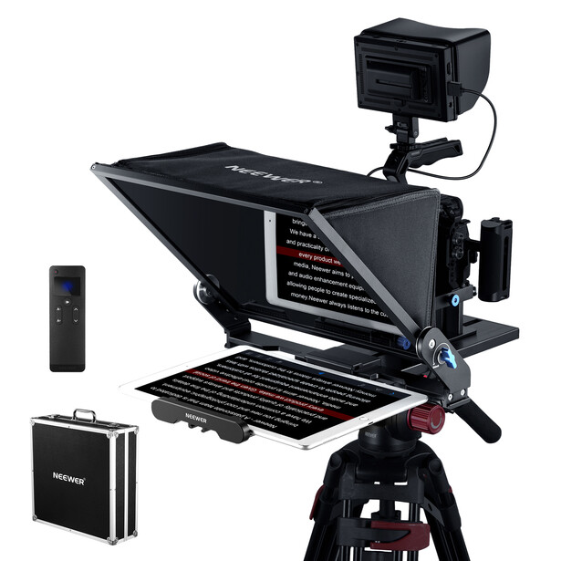 Professional teleprompter mounted on tripod with monitor, talent monitor, and remote control.