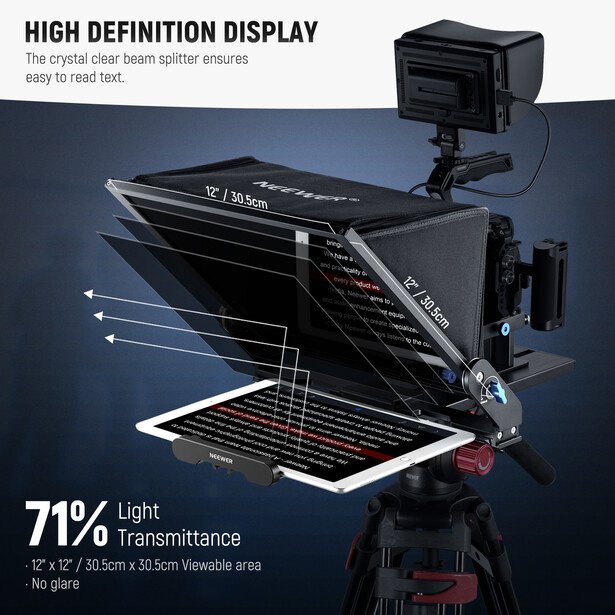 Teleprompter mounted on tripod with tablet displaying text, featuring high definition display specifications.