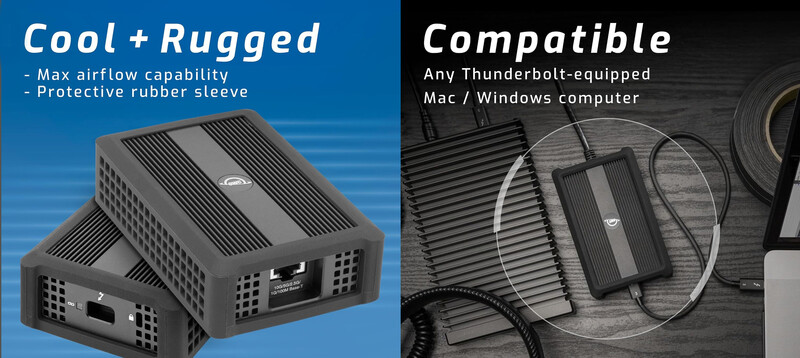 Graphic comparing a rugged external storage device with protective features and Thunderbolt compatibility specifications.