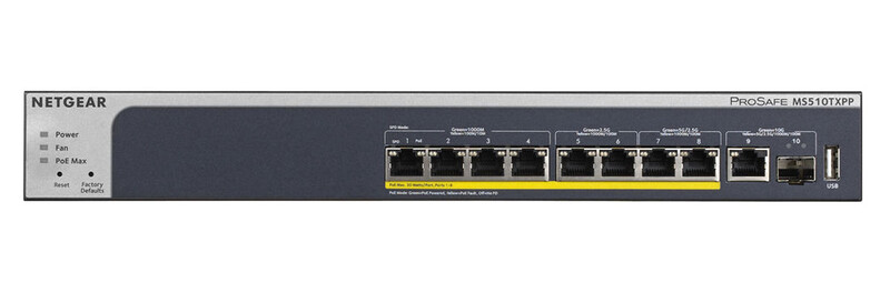 Netgear ProSafe MS510TXPP managed switch with 8 Gigabit Ethernet ports and 2 SFP uplink ports.