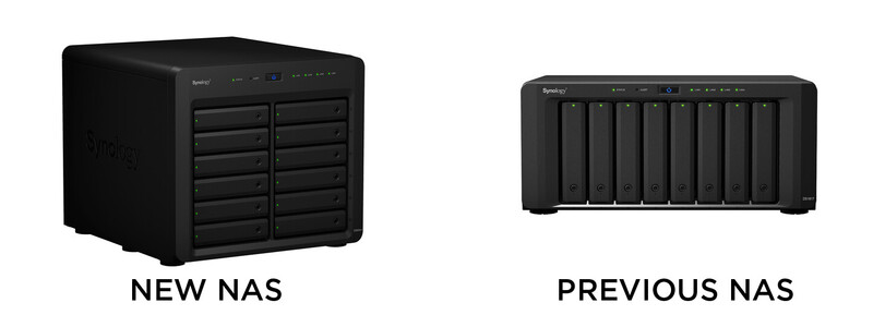 Side-by-side comparison of two black Synology NAS units with different form factors and drive configurations.