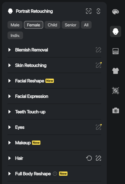 Screenshot of portrait retouching software menu with editing categories.