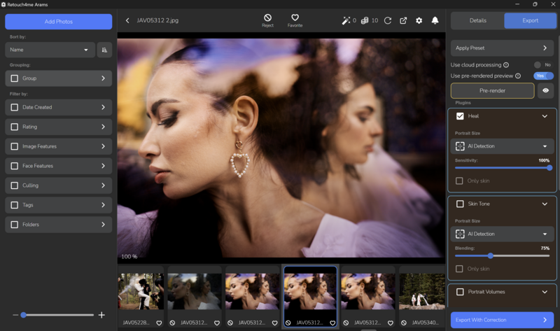 Screenshot of photo editing software showing portrait retouching workflow with adjustment panels.