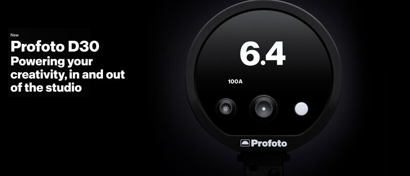 Profoto D30 monolight displaying 6.4 as a power value with 100A indicator and three control buttons on dark background.