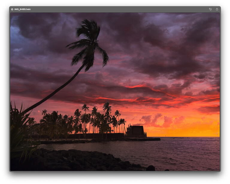 Silhouetted palm trees against a dramatic sunset sky with orange, red, and purple clouds over calm ocean water.
