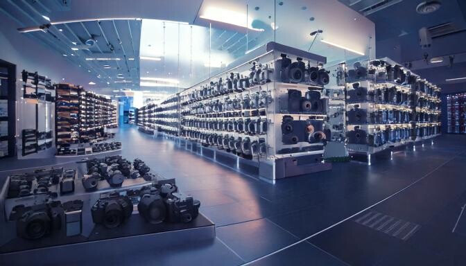 Modern camera retail showroom with illuminated display shelves and organized camera bodies on the floor.
