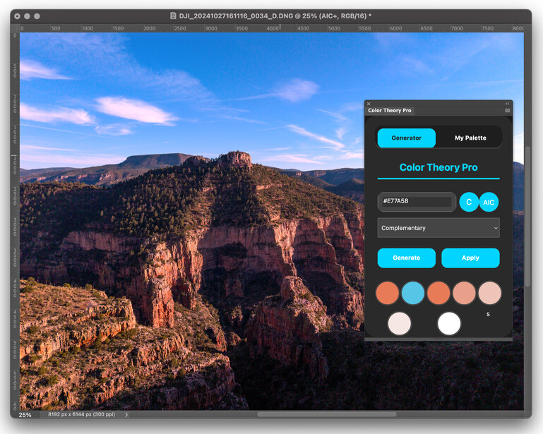 Screenshot of Color Theory Pro software displaying a canyon landscape with a color palette panel.
