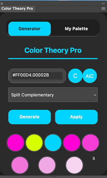 Screenshot of Color Theory Pro app showing color generator tool with hex code and complementary color palette options.