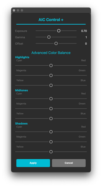Screenshot of AIC Control+ color grading interface with sliders for highlights, midtones, and shadows.