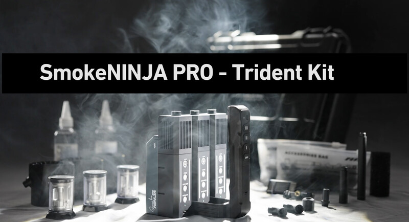SmokeNINJA PRO - Trident Kit with multiple cylindrical smoke generators and accessories arranged on white surface.