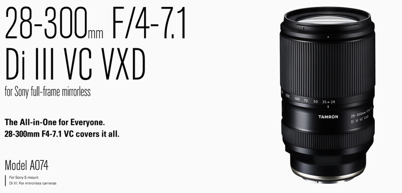 Tamron 28-300mm F/4-7.1 Di III VC VXD lens for Sony E-mount mirrorless cameras.