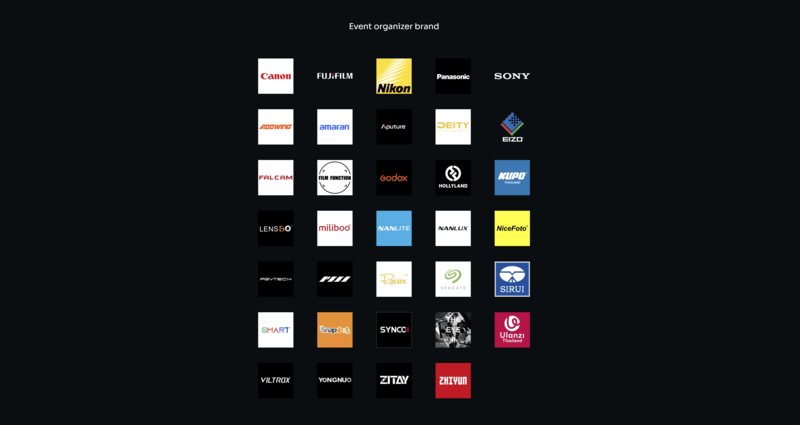 Graphic displaying logos of event organizer brands arranged in a grid layout on a dark background.