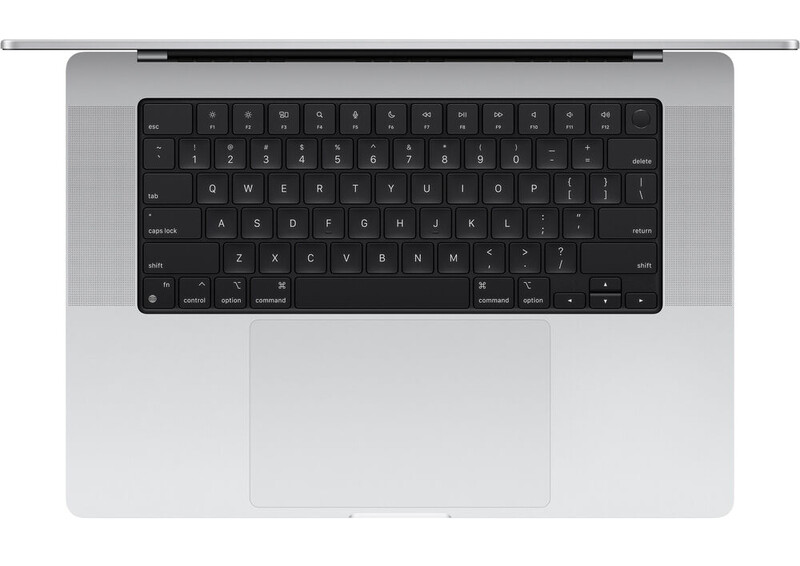 Overhead view of a silver laptop with black keyboard and large trackpad.