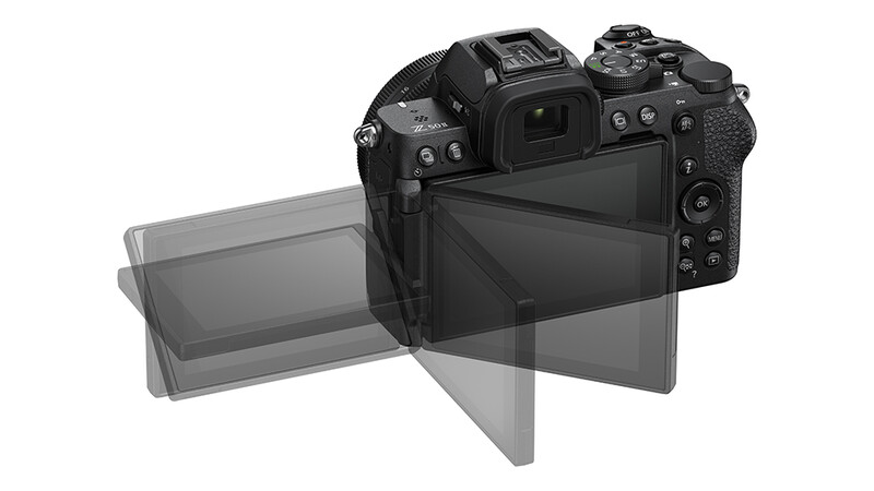 Illustration of a mirrorless camera with articulating LCD screen extended outward.