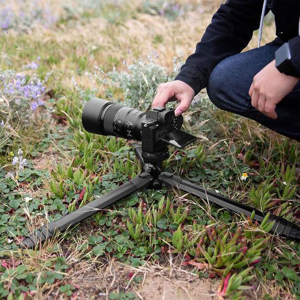 Photographer crouching in grassy field while positioning a telephoto lens on a tripod.