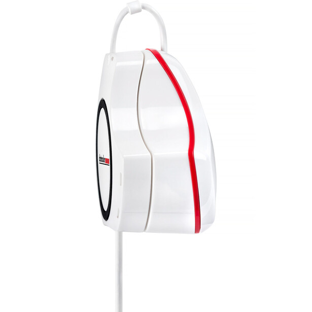 White camera bag with red stripe and black circular logo detail displayed against white background.