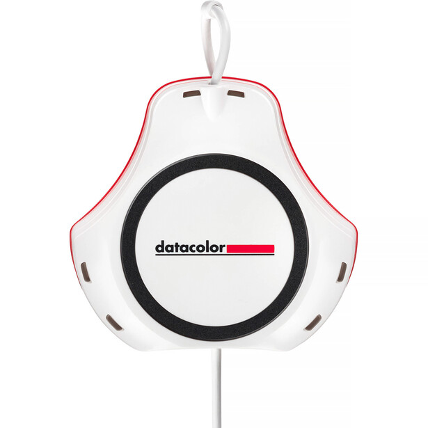 Datacolor SpyderCheckr color reference tool with white pear-shaped body and black circular target.