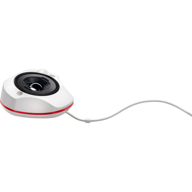 White and red compact camera with attached gray cable against white background.