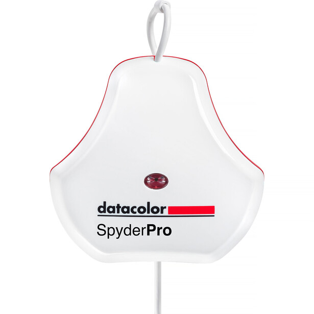 Datacolor SpyderPro color calibration device with pear-shaped white body and hanging loop.