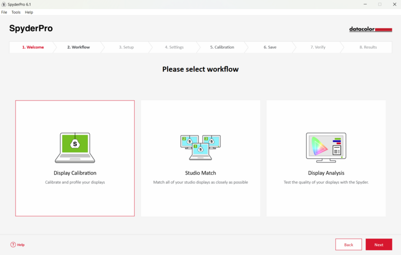 Screenshot of SpyderPro color management software showing workflow selection interface.