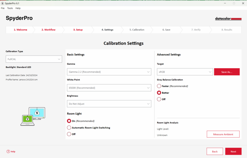 Screenshot of SpyderPro calibration settings interface showing basic and advanced color correction options.